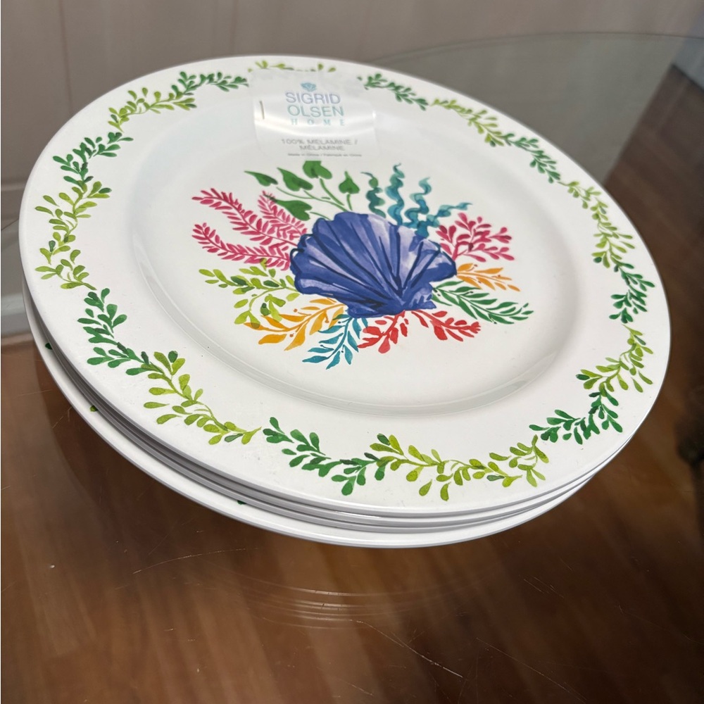 Sigrid Olsen Melamine Dinner Plates Seashell Summer Beach  Coral Reef Set/4 11”